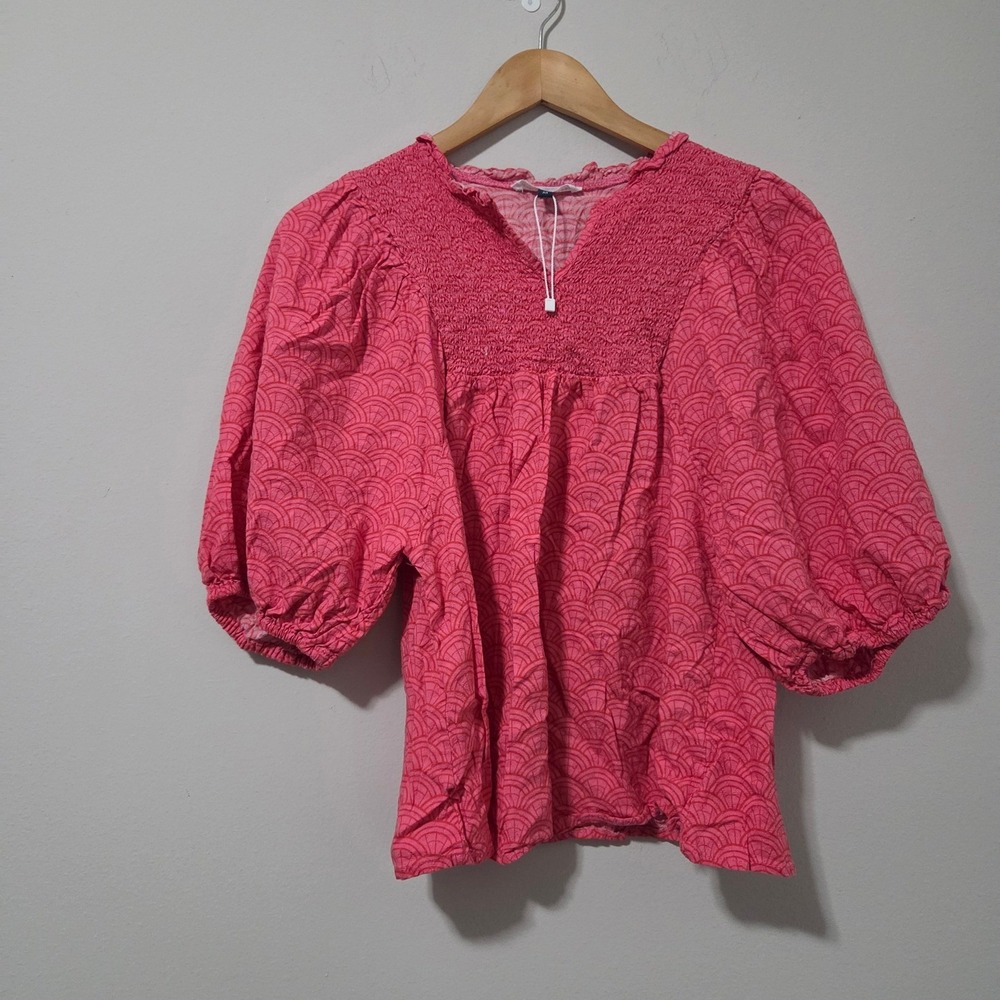Michelle McDowell Pink Red Geometric Smocked Puff Sleeve V-Neck Blouse Medium